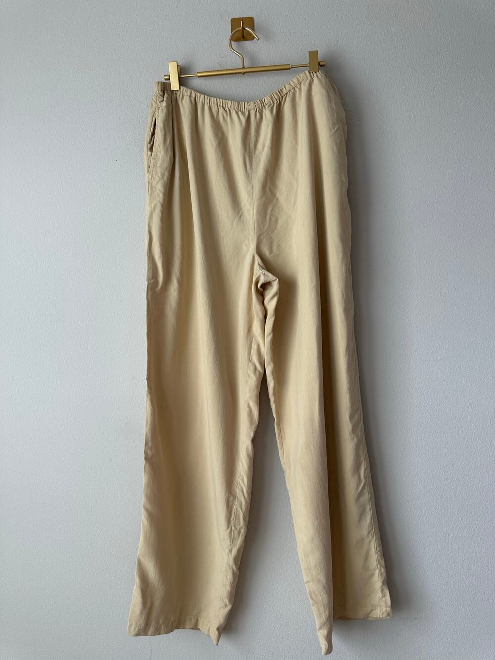 Vintage 90s Silk Pants Tan Minimalist Pull On Wide Leg Large Capsule Wardrobe